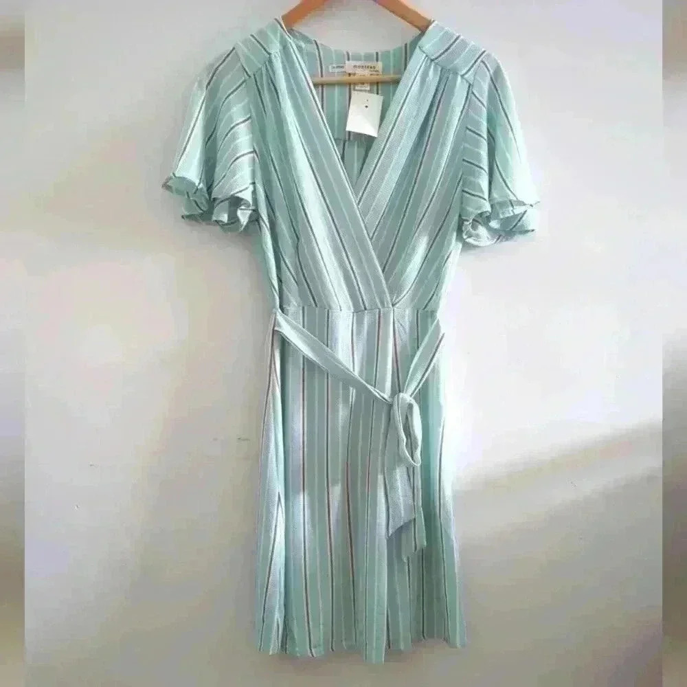 MONTEAU | Women's Sea Green/Brown/White Striped Wrap Style Midi Dress